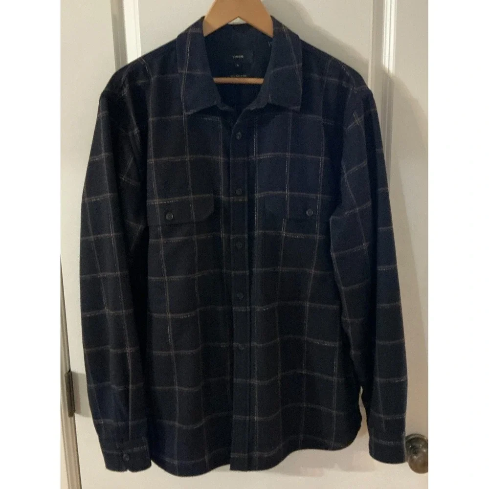 Vince‎ Mens XL Windowpane Wool-Blend Shirt Jacket Shacket Navy Blue/Brown Italy